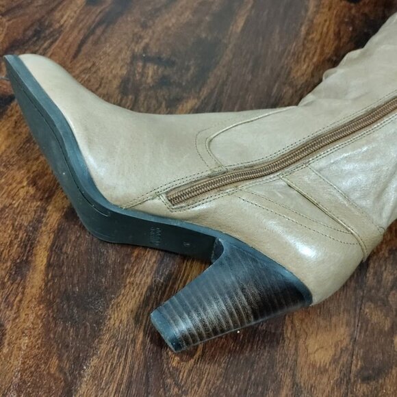 Guess MALLAY Tan Leather Side Zipper Mid-Calf Chunky High Heeled Boots Size 9M - Picture 14 of 16